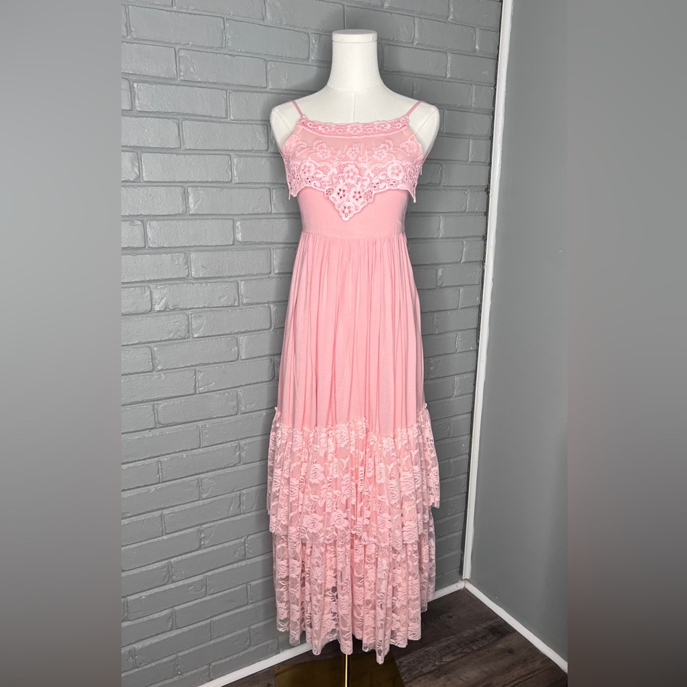 Trish Scully Elegant Lace Tiered Pink Tie-Back Maxi Sleeveless Dress Size 12